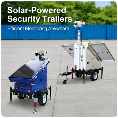 Trailer de vigilância portátil movido a energia solar com câmeras panorâmicas de 360 graus e alertas em tempo real para segurança de eventos